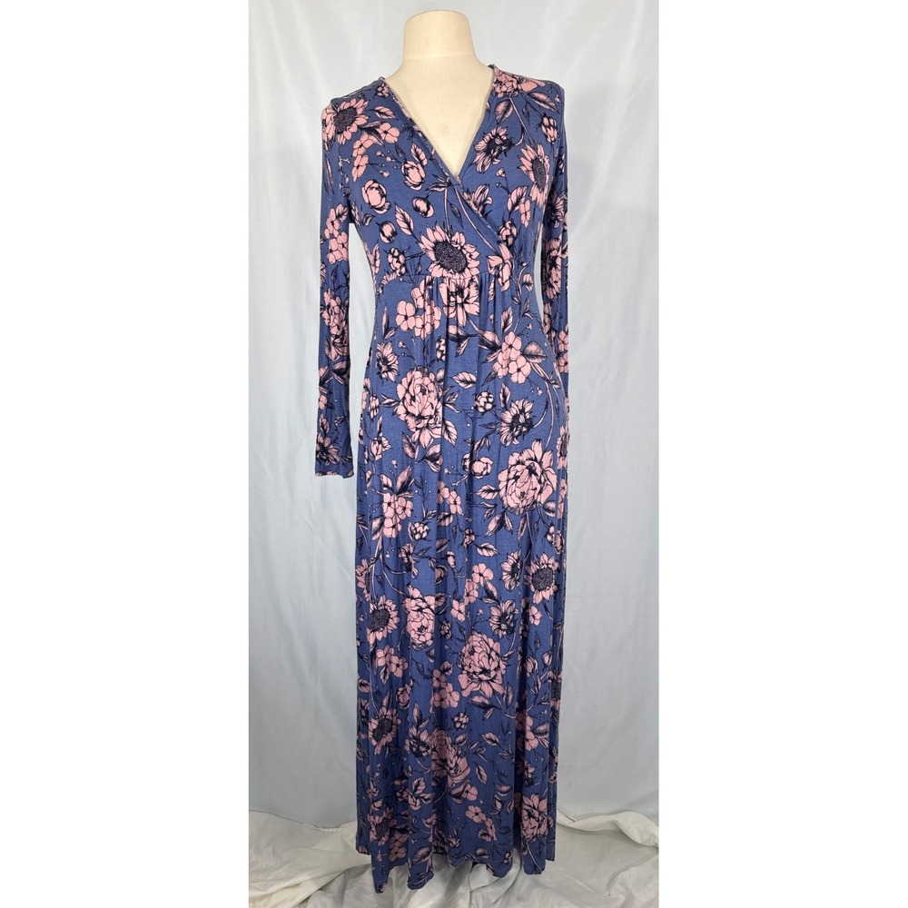 Motherhood Maternity Blue Pink Floral Maxi Dress Long Sleeve Boho Cottagecore S